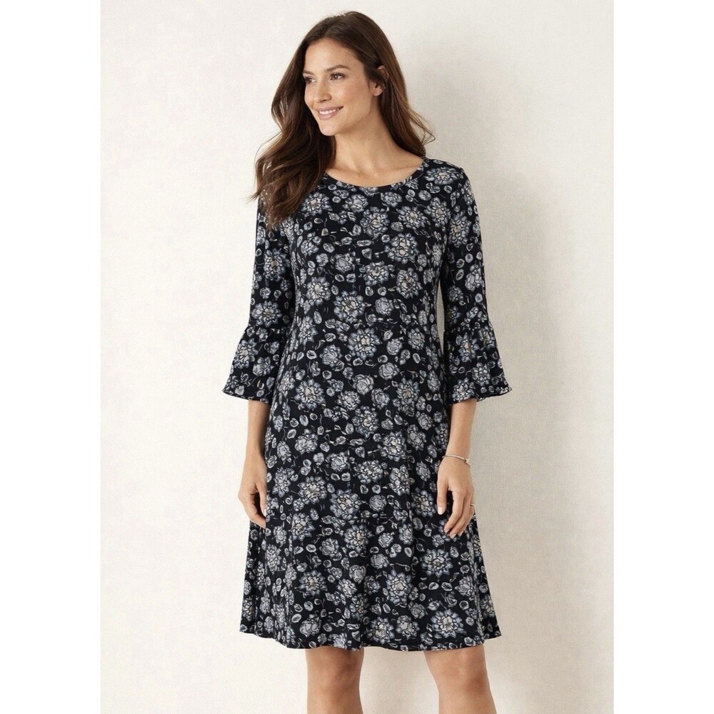 J. Jill Women’s A-line Jersey Dress XL Floral Print Bell Sleeve Ruffle Cuff Blue
